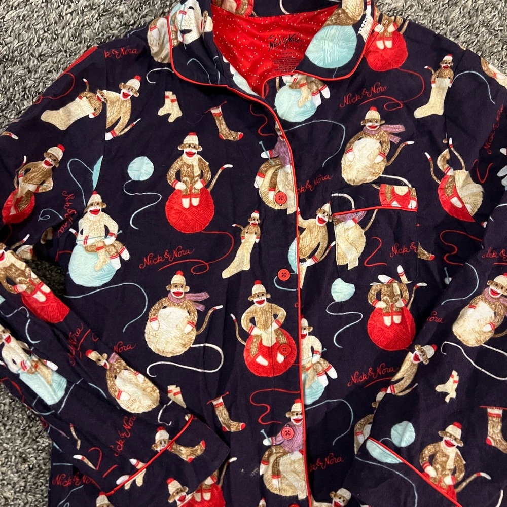 Nick & Nora Women’s Navy Novelty Sock Monkey Flannel Cotton Pajama Set Medium - Picture 2 of 5